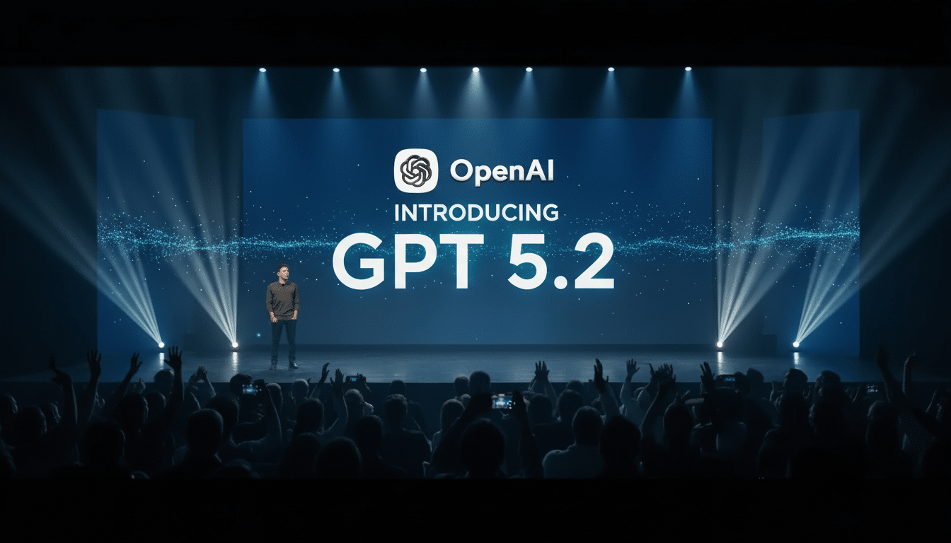 A man stands on a stage in front of a large screen displaying OpenAI INTRODUCING GPT 5.2 to an audience.