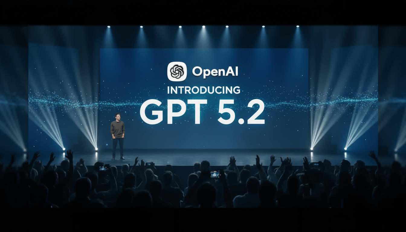 A man stands on a stage in front of a large screen displaying OpenAI INTRODUCING GPT 5.2 to an audience.