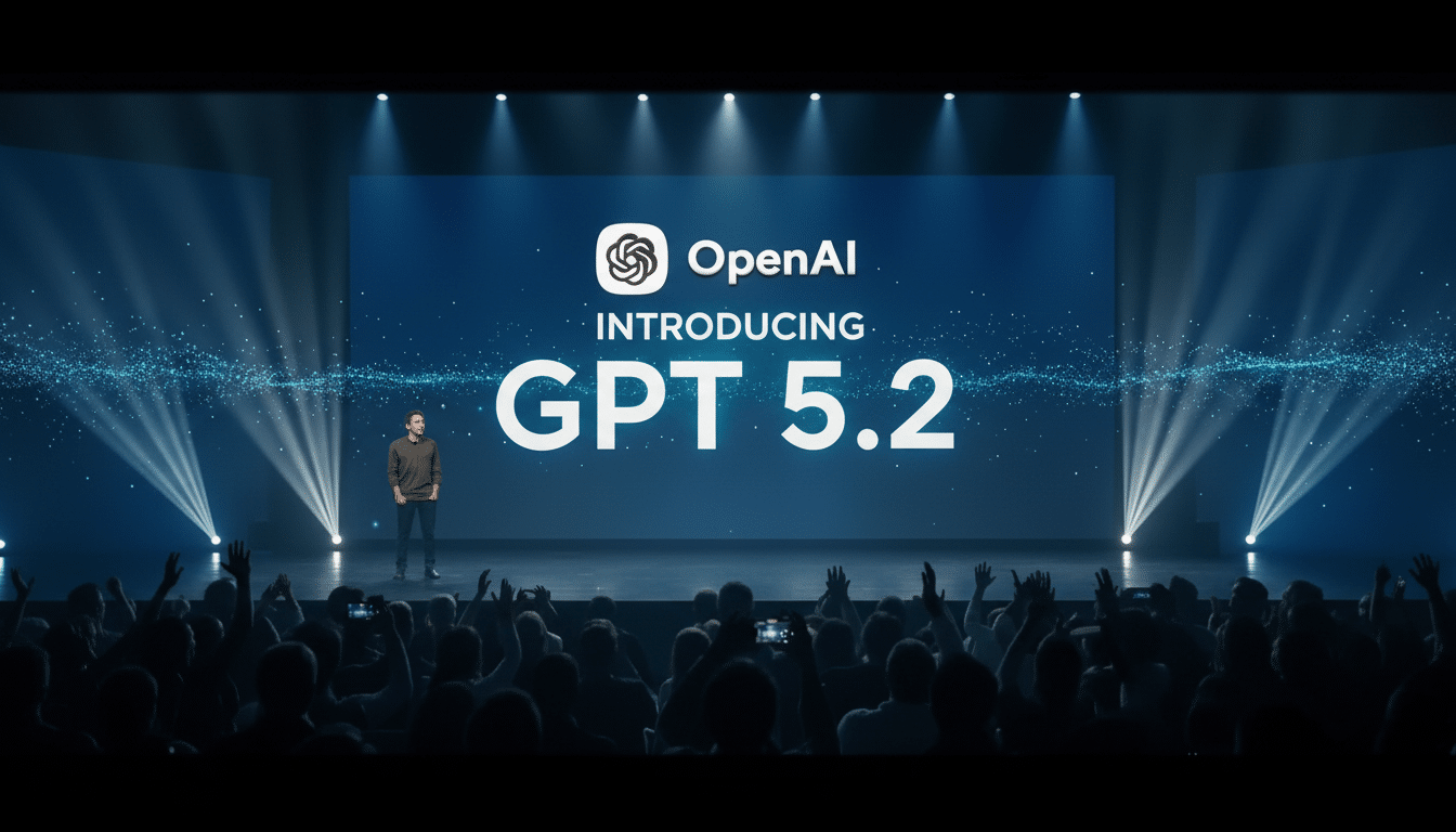 A man stands on a stage in front of a large screen displaying OpenAI INTRODUCING GPT 5.2 to an audience.