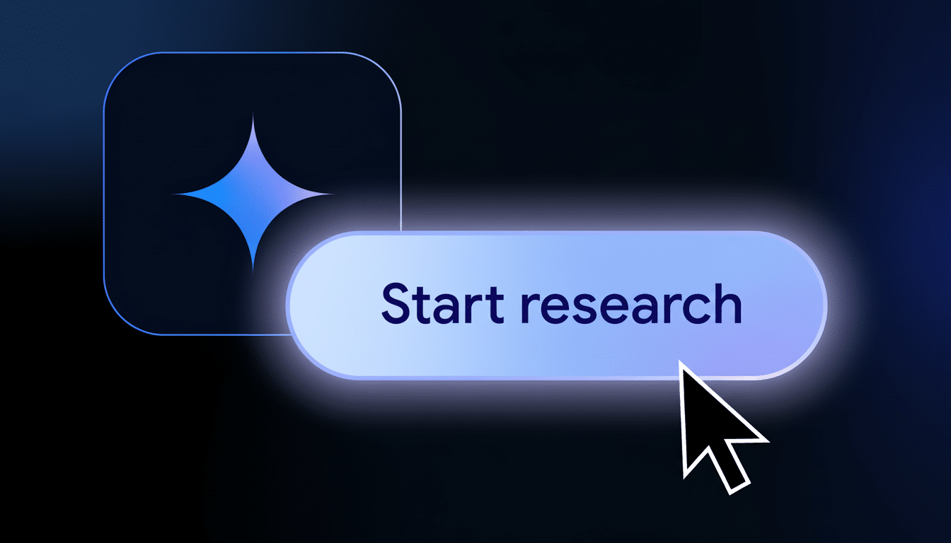 A professional image featuring a Start research button and a star icon, resized to a 16:9 aspect ratio with a dark, gradient background.