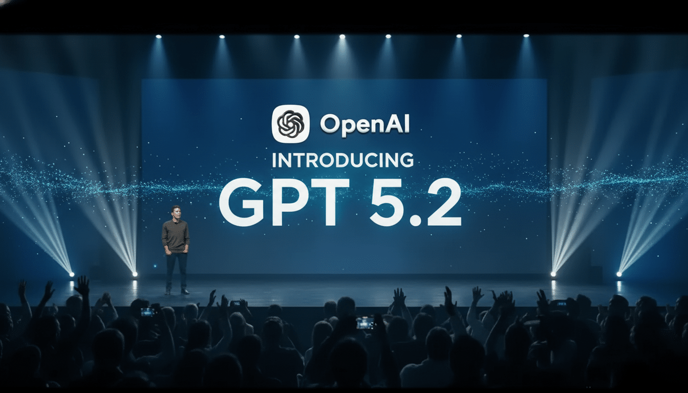 A man stands on a stage in front of a large screen displaying OpenAI INTRODUCING GPT 5.2 to an audience.