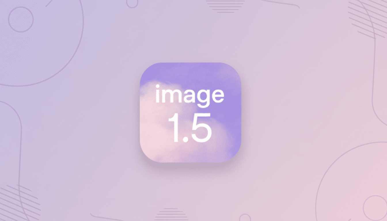 A 16:9 aspect ratio image featuring a rounded square icon with a soft purple and pink watercolor background. The icon has the word image in white text at the top and 1.5 in larger white text below it. The background of the overall image is a professional flat design with a gradient from light purple to light pink, adorned with subtle geometric patterns and lines.
