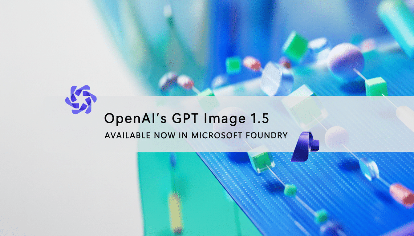 A banner image with the OpenAI logo and text OpenAIs GPT Image 1.5 AVAILABLE NOW IN MICROSOFT FOUNDRY overlaid on a blurred background of abstract 3D shapes in blue, green, and purple tones.