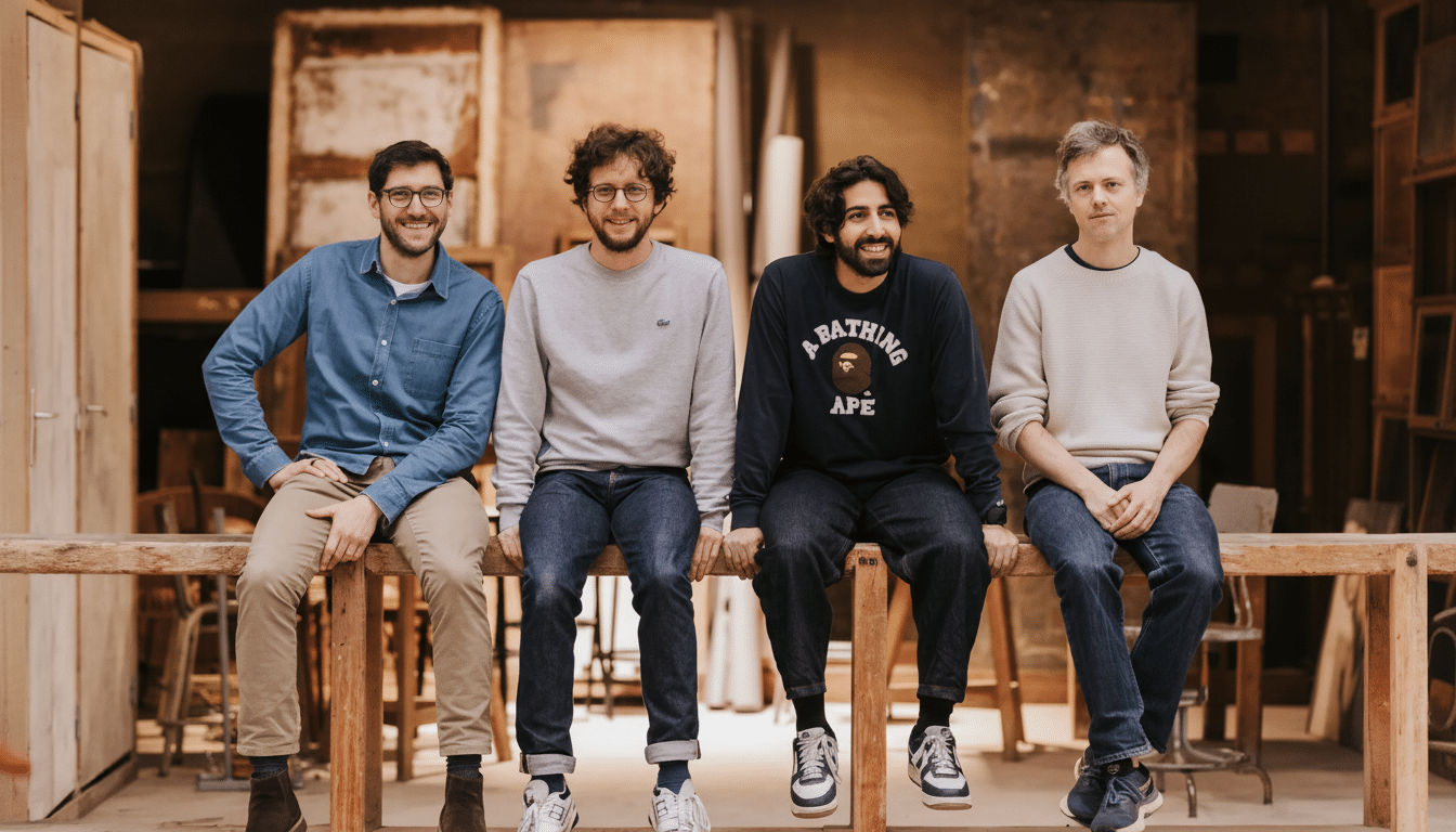 Four men sitting on a wooden railing in a workshop, smiling at the camera.