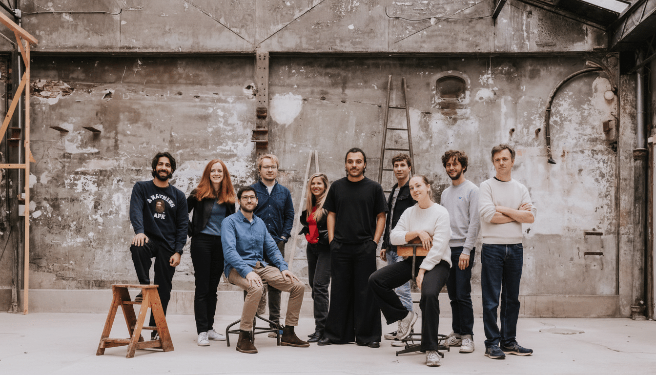 A group of eleven people, including men and women, are posing for a professional photo in a rustic, industrial-style room with a distressed concrete wall and a high ceiling.