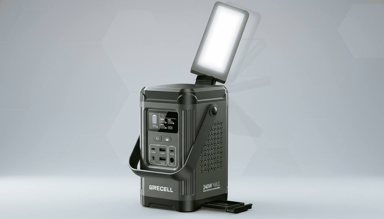 A Grecell 240W Max portable power station with an integrated light, presented on a professional flat design background with soft patterns.