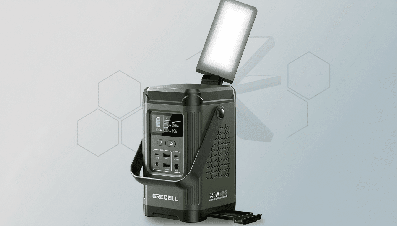 A Grecell 240W Max portable power station with an integrated light, presented on a professional flat design background with subtle hexagonal patterns.
