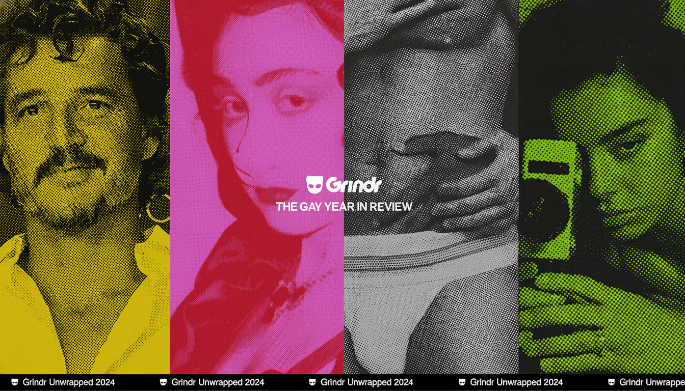 A 16:9 aspect ratio image featuring four panels, each with a persons face or torso in a distinct color scheme (yellow, pink, grayscale, and green), with the Grindr logo and text THE GAY YEAR IN REVIEW in the center.