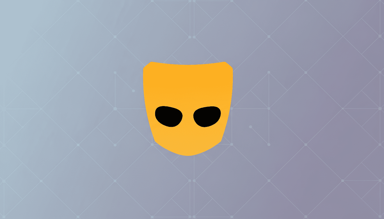 The Grindr logo, a stylized yellow mask with two black oval eyeholes, centered on a professional flat design background with soft gray and purple gradients and a subtle geometric pattern.