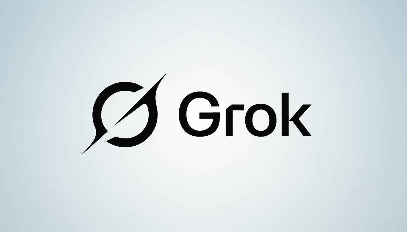 The Grok logo, featuring a stylized black G icon with a diagonal slash and the word Grok in black text, presented on a professional light blue to white gradient background.