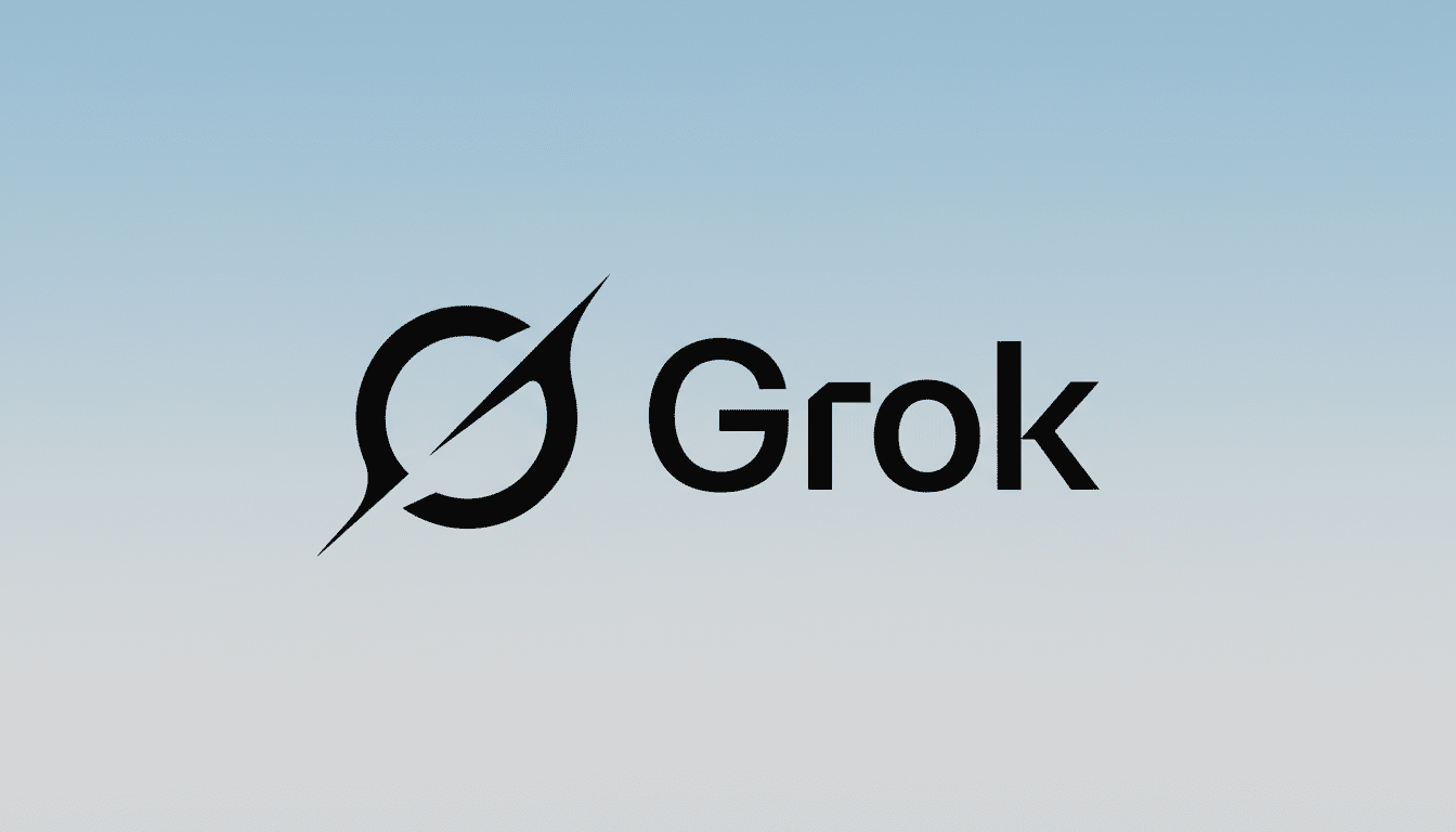 The Grok logo, featuring a stylized black G with a diagonal line through it, next to the word Grok in black sans-serif font, all set against a professional light blue to grey gradient background.