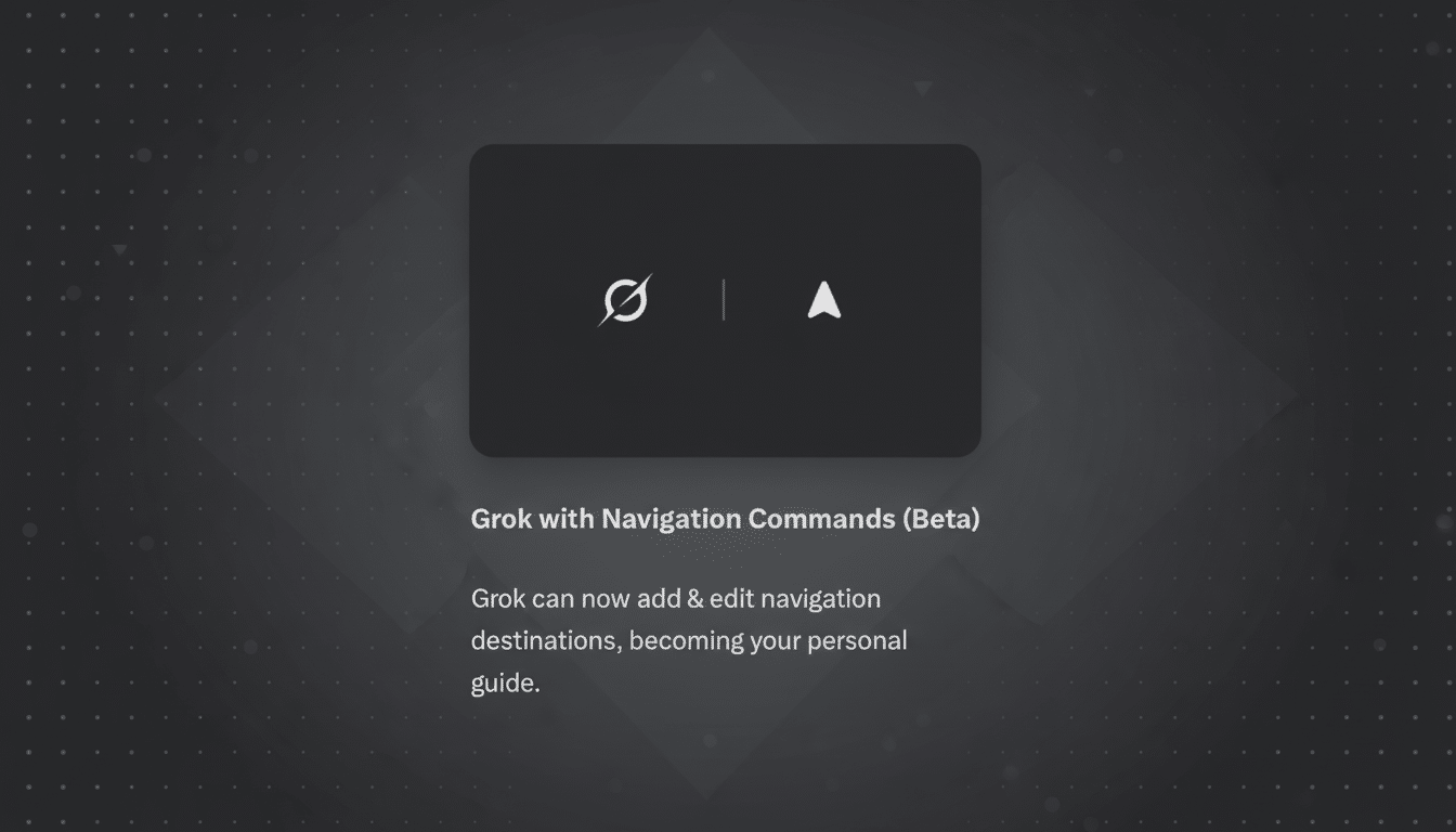 A 16:9 image featuring a dark gray card with two icons: a crossed-out circle and a paper airplane. Below the card, text reads Grok with Navigation Commands (Beta) and Grok can now add & edit navigation destinations, becoming your personal guide. The background is a professional flat design with soft patterns.