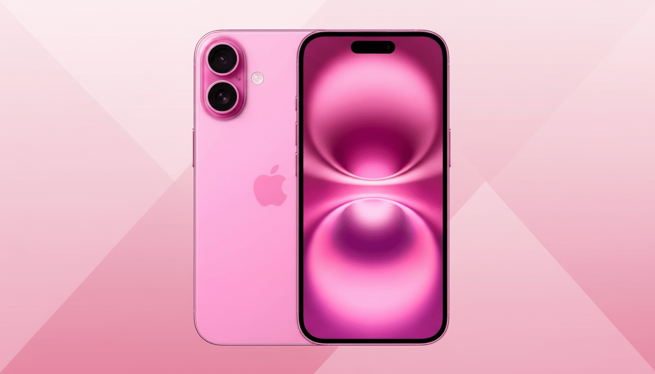 A pink smartphone, shown from the front and back, against a soft pink gradient background.