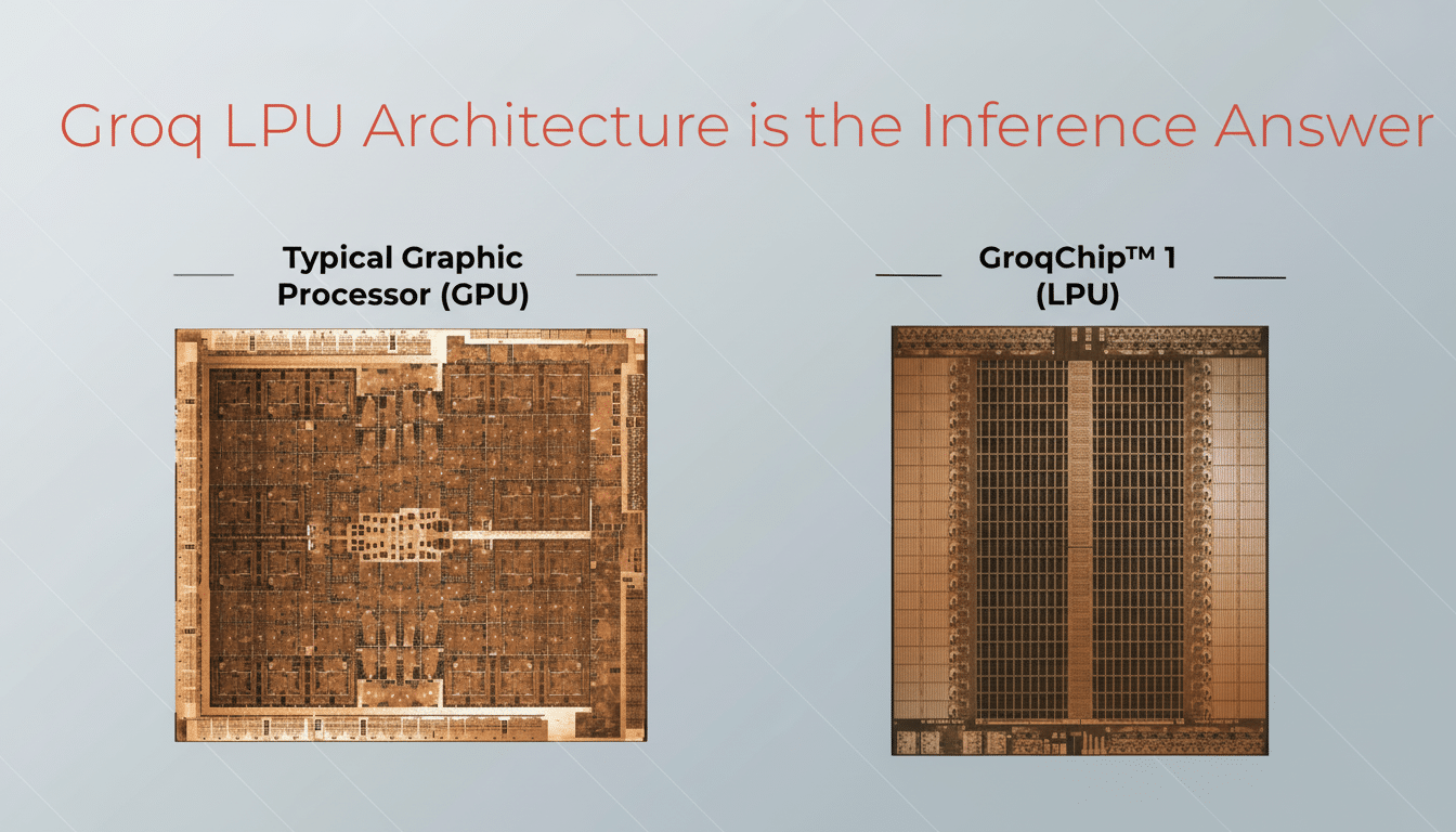 A comparison of a typical GPU and a GroqChip™ 1 LPU, showcasing their architectural differences, set against a professional gradient background.