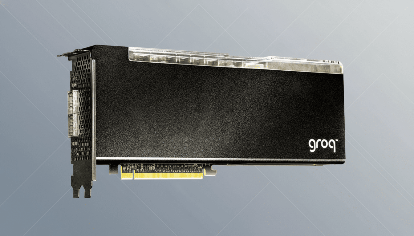 A black Groq brand AI inference engine card with a clear top panel, presented on a professional gray background with subtle geometric patterns.