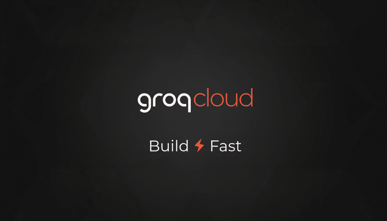 The GroqCloud logo in white and red, with the text Build Fast below it, set against a dark gray background with subtle geometric patterns.