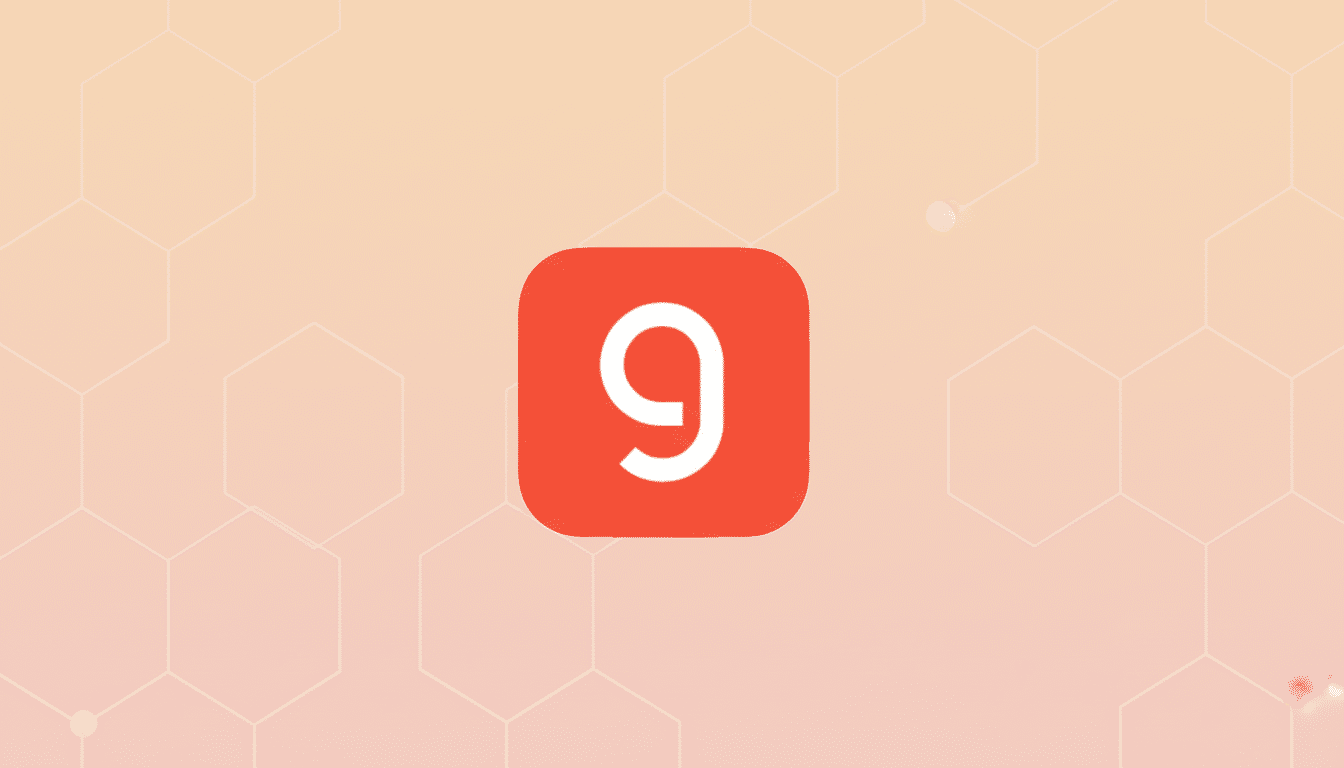 A red square with rounded corners featuring a white lowercase g in the center, set against a light peach background with a subtle hexagonal pattern.
