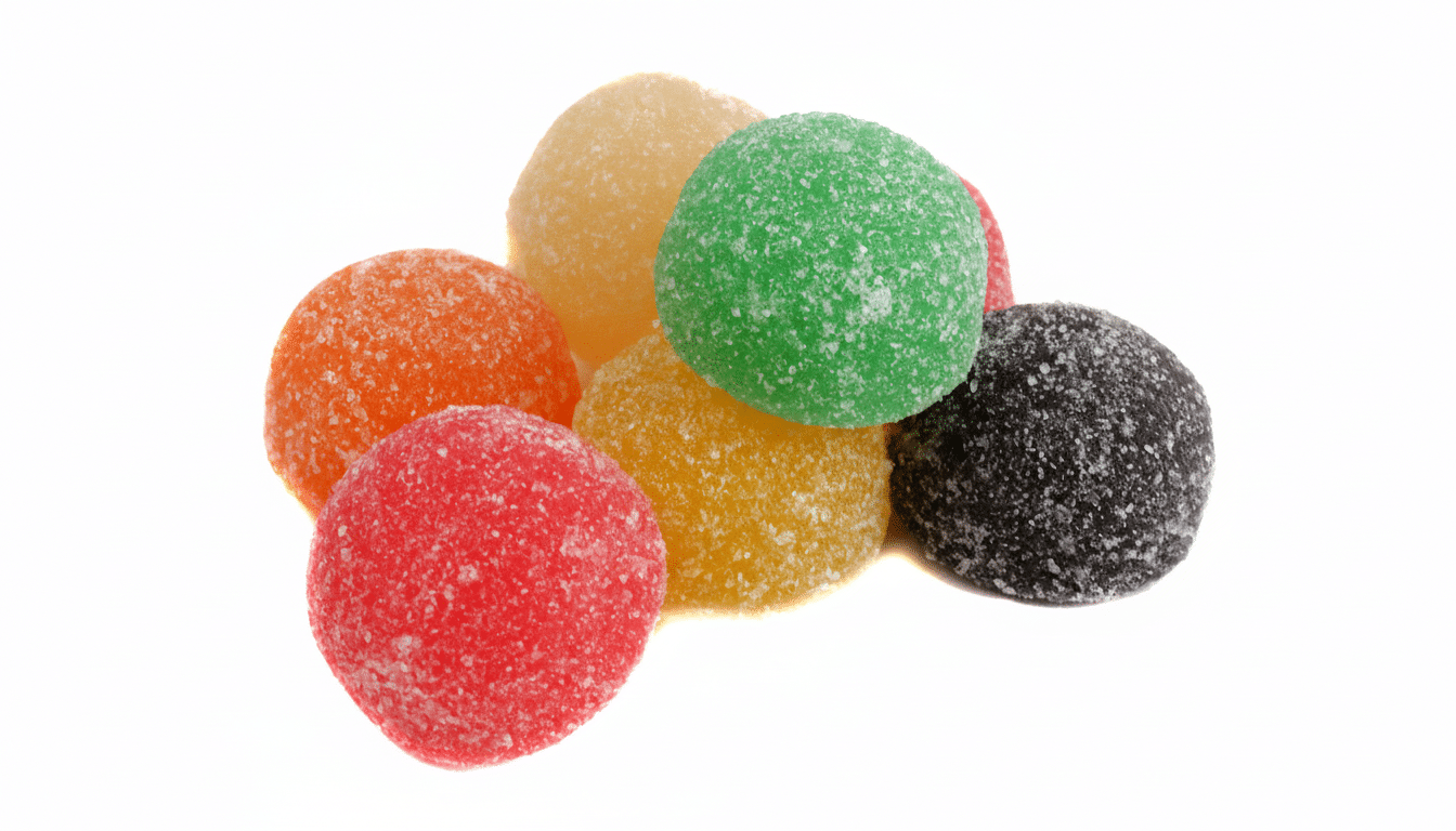 A pile of colorful, sugar-coated gumdrop candies on a white background.