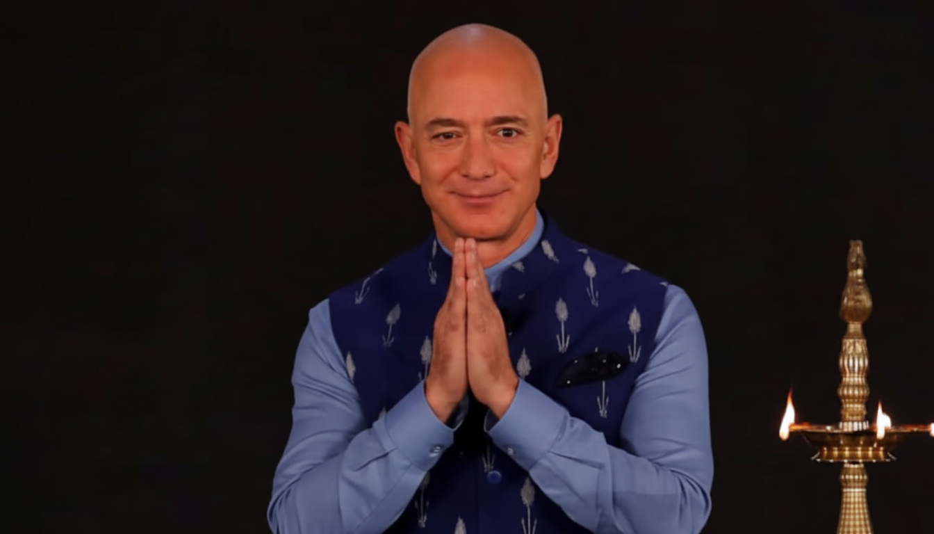 A professionally enhanced image of Jeff Bezos in a blue patterned vest and light blue shirt, with his hands pressed together in a namaste gesture, against a dark background.