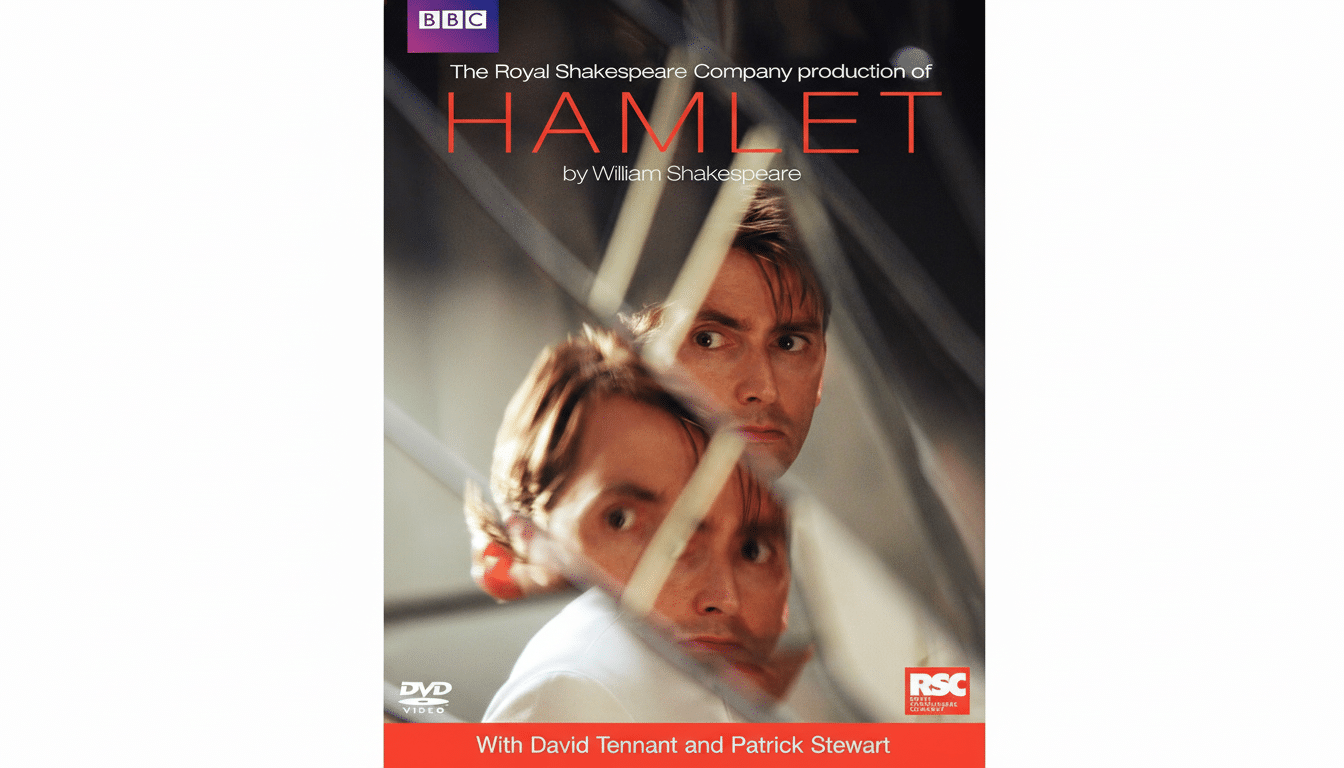 A DVD cover for Hamlet by William Shakespeare, featuring David Tennant and Patrick Stewart. The image shows Tennants face looking directly forward, with a reflection of his face in a broken mirror in the foreground. The background is a simple white.