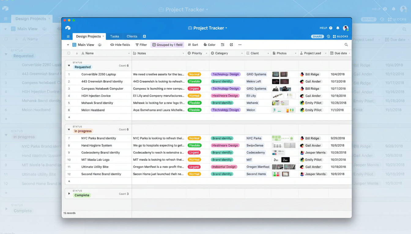A screenshot of a project tracker application with a list of projects, their status, and other details.