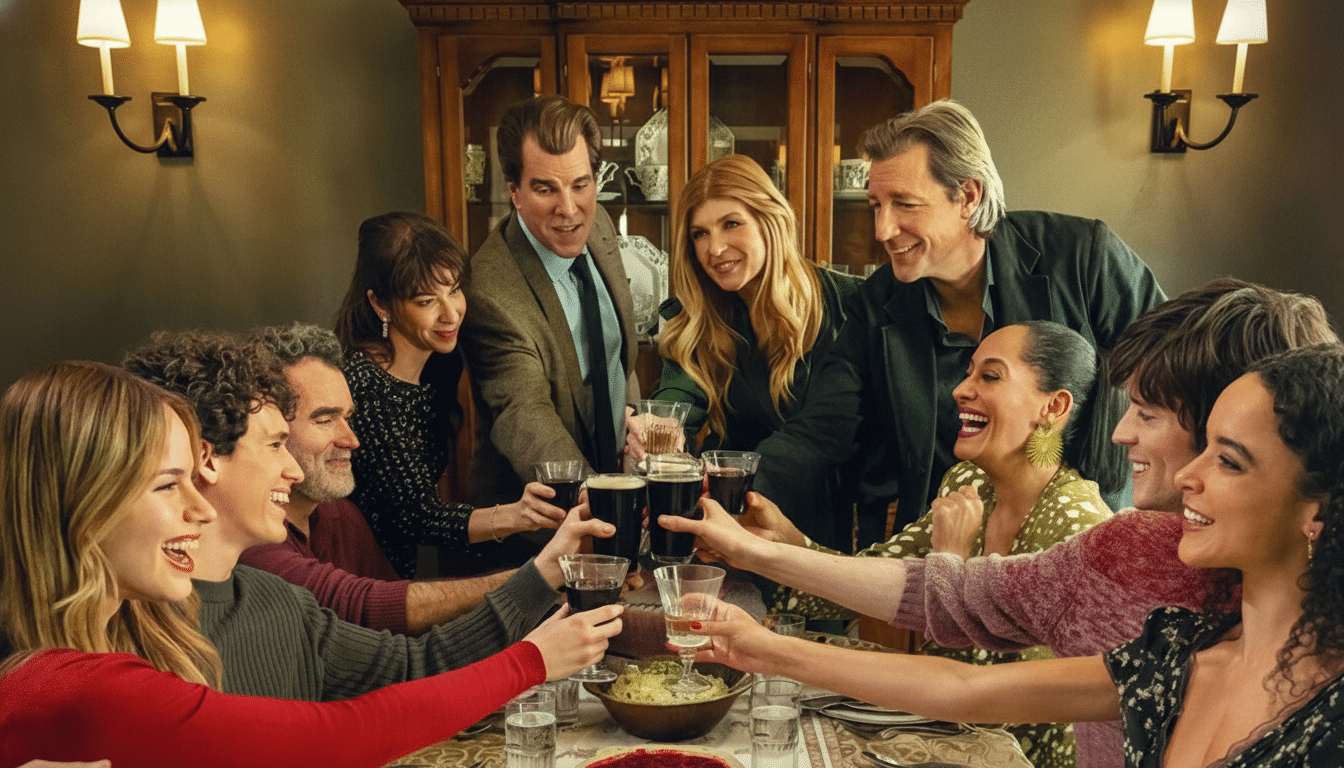 A group of people gathered around a dining table, raising their glasses in a toast.