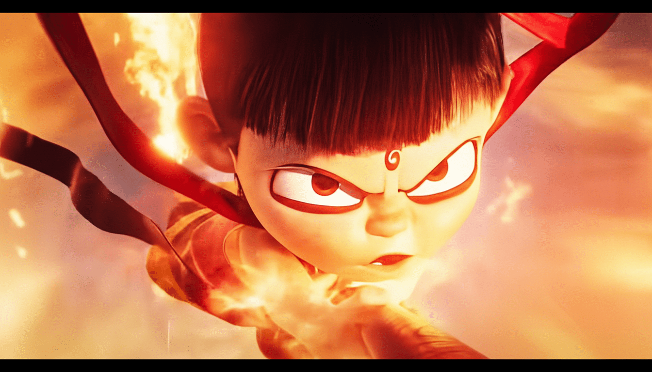 A close-up of a determined animated character with red ribbons and fiery elements, resized to a 16:9 aspect ratio.