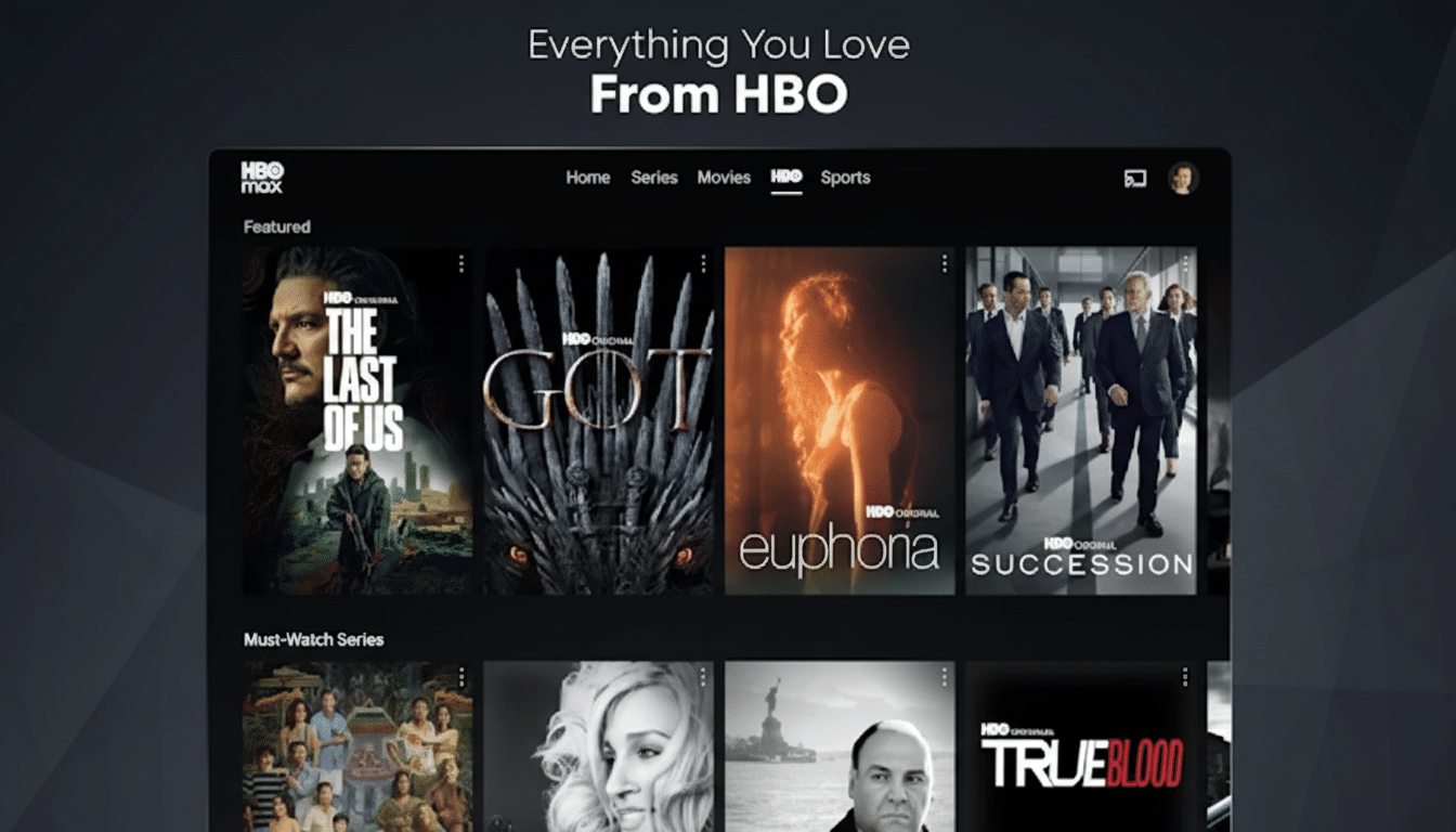 A screenshot of the HBO Max streaming service interface, showcasing various popular series and movies like The Last of Us, Game of Thrones, Euphoria, and Succession. The top banner reads Everything You Love From HBO.