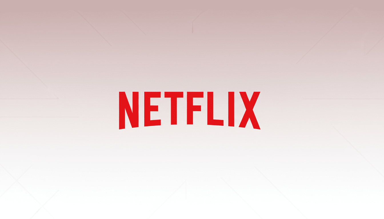 The Netflix logo, featuring the word NETFLIX in bold red letters, centered on a professional flat design background with a soft white and light red gradient and subtle geometric patterns.