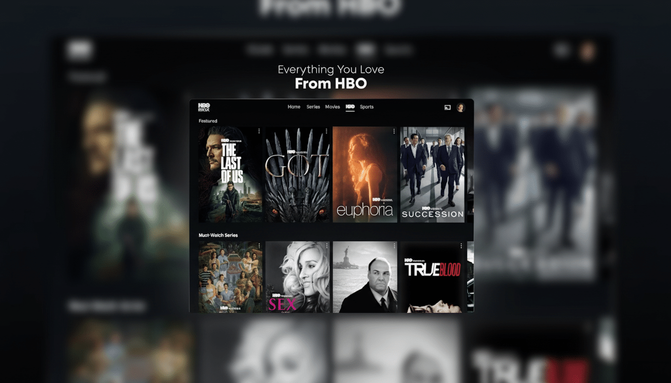 A professionally enhanced image of the HBO Max interface, resized to a 16:9 aspect ratio. The main content of the app, featuring various show and movie tiles, is clearly visible and unchanged. The background has been subtly blurred to emphasize the apps interface.