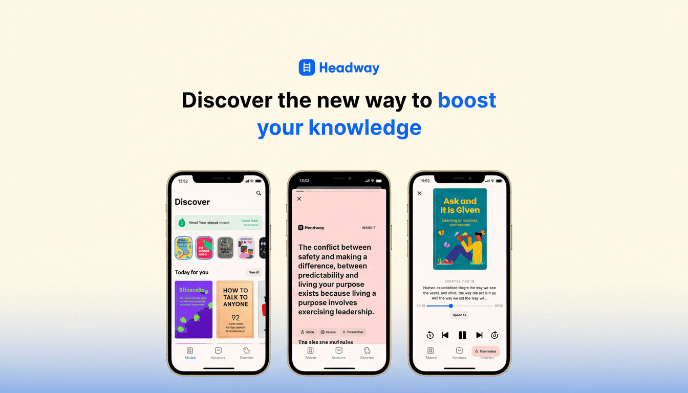 A professional, enhanced image of three mobile phones displaying the Headway app interface, resized to a 16:9 aspect ratio. The background remains unchanged, focusing on the apps content.