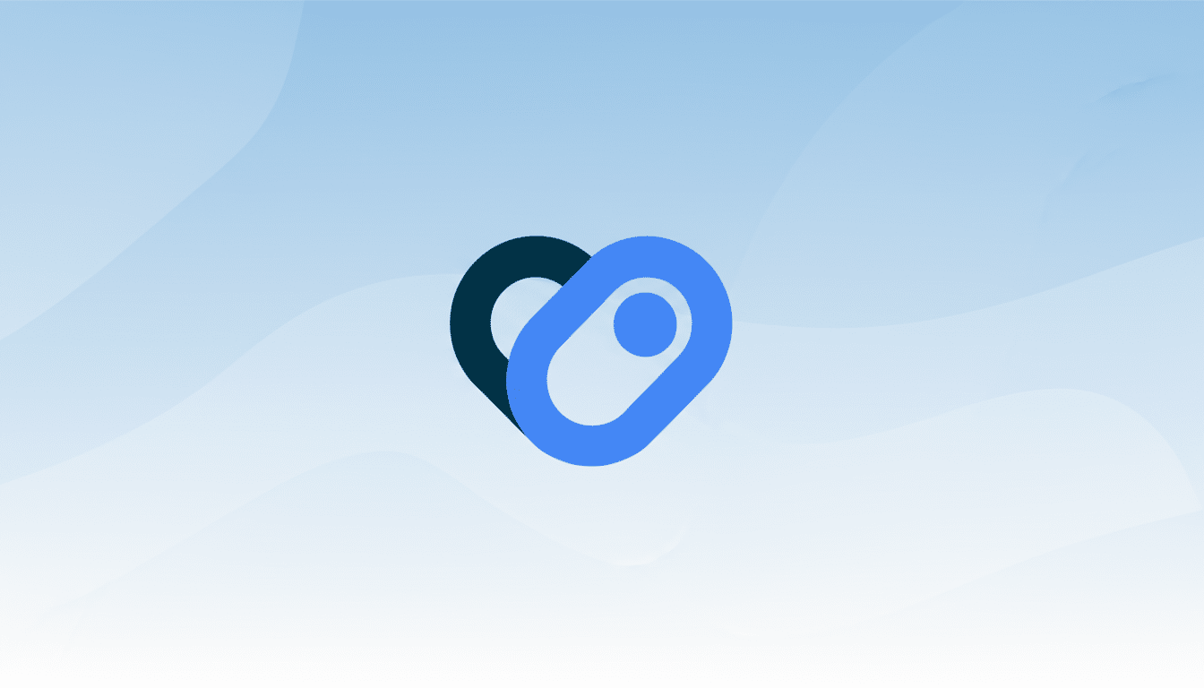 A blue and dark gray heart-shaped logo with a pill-like design on a light blue gradient background.