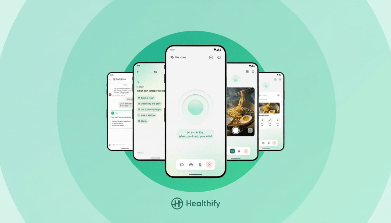 A 16:9 aspect ratio image featuring five smartphone screens displaying the Healthify app, with the central screen showing an AI assistant interface and the Healthify logo at the bottom.