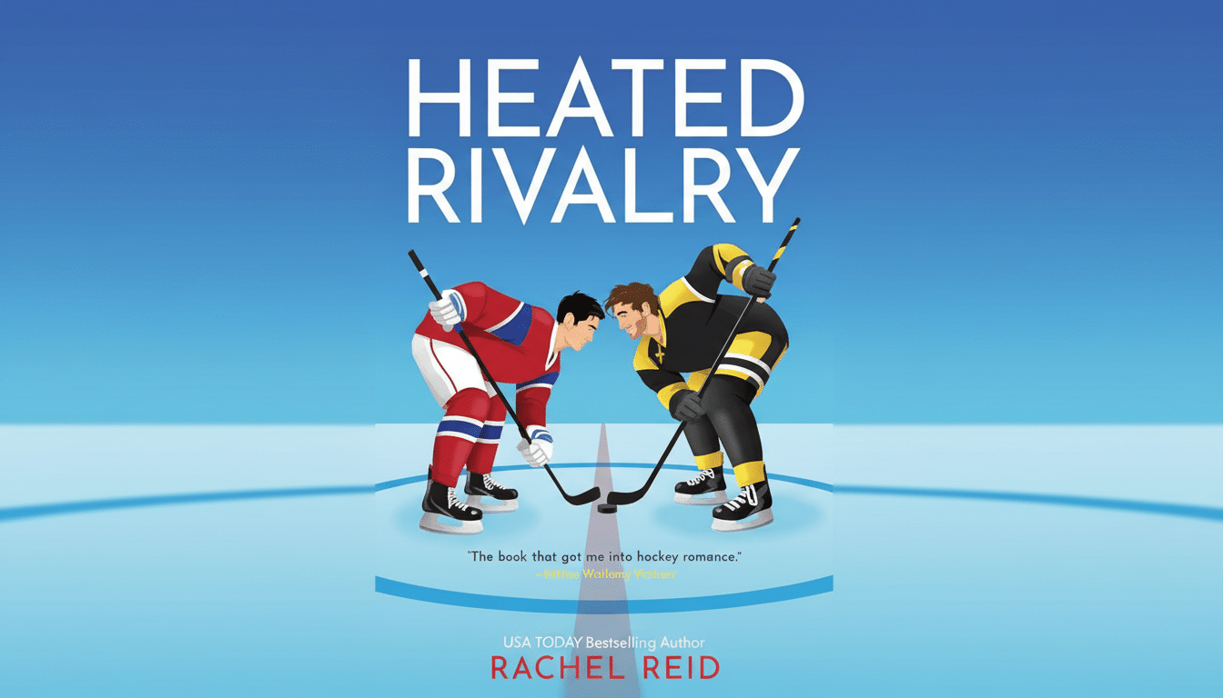 The book cover for Heated Rivalry by Rachel Reid, featuring two male hockey players in opposing jerseys facing each other on an ice rink, with the title prominently displayed above them.