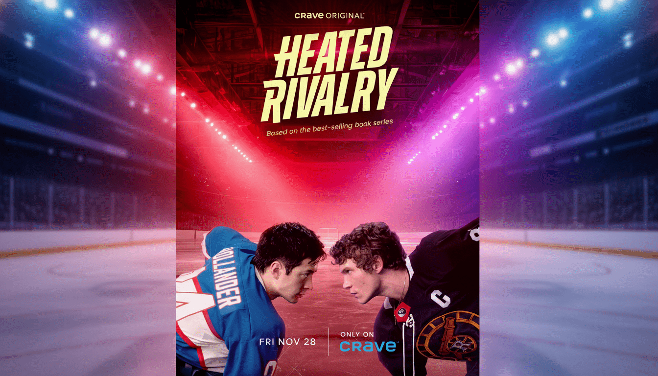 A movie poster for Heated Rivalry showing two male hockey players facing each other on the ice, with stadium lights in the background.