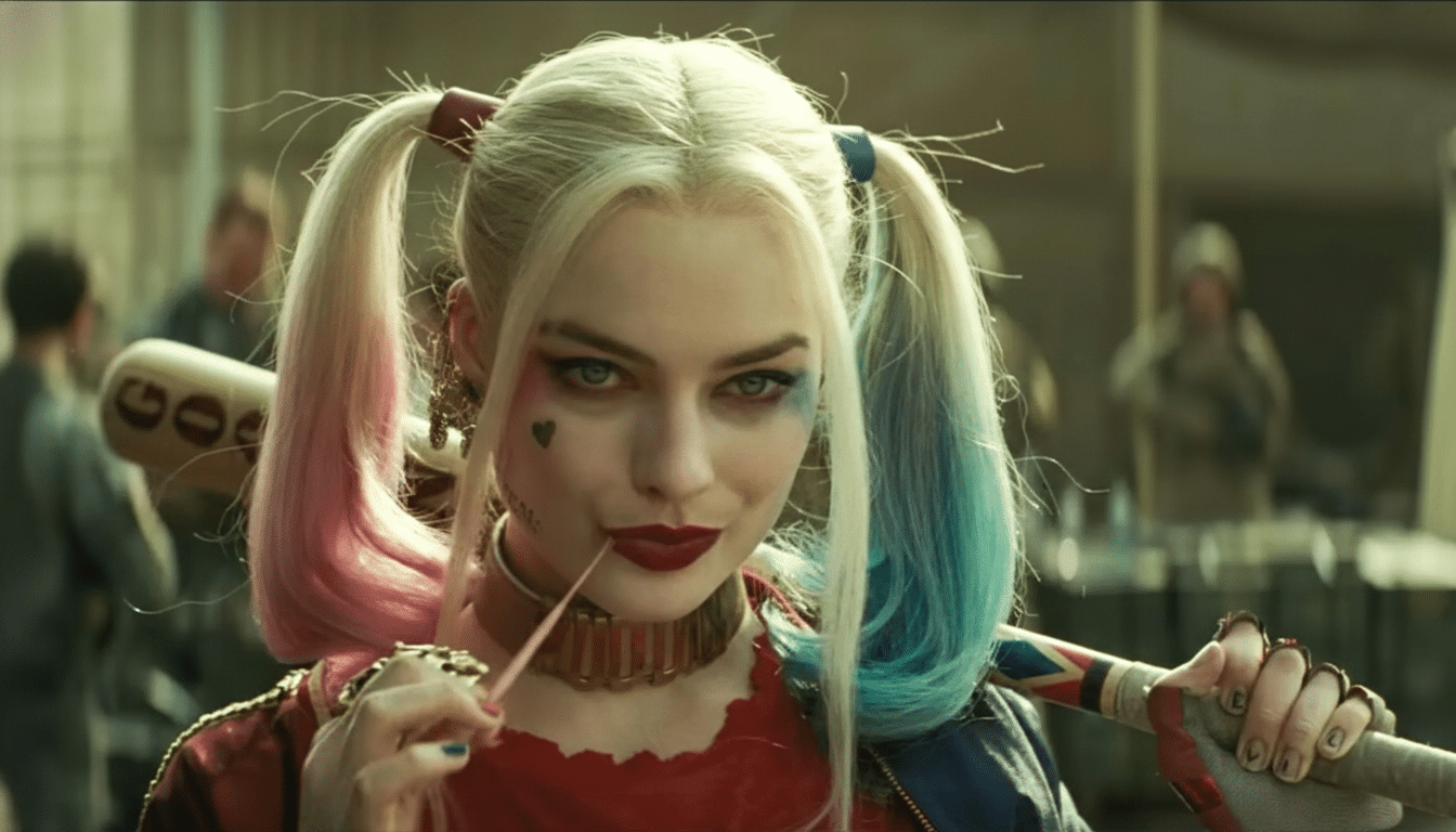 A woman with blonde pigtails, one pink and one blue, wearing red lipstick and a red top, holding a baseball bat over her shoulder.