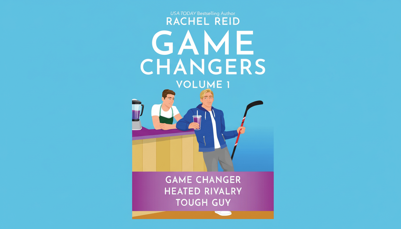 The book cover for Game Changers Volume 1 by Rachel Reid, featuring two men, one behind a counter and one holding a drink and a hockey stick, against a blue background.