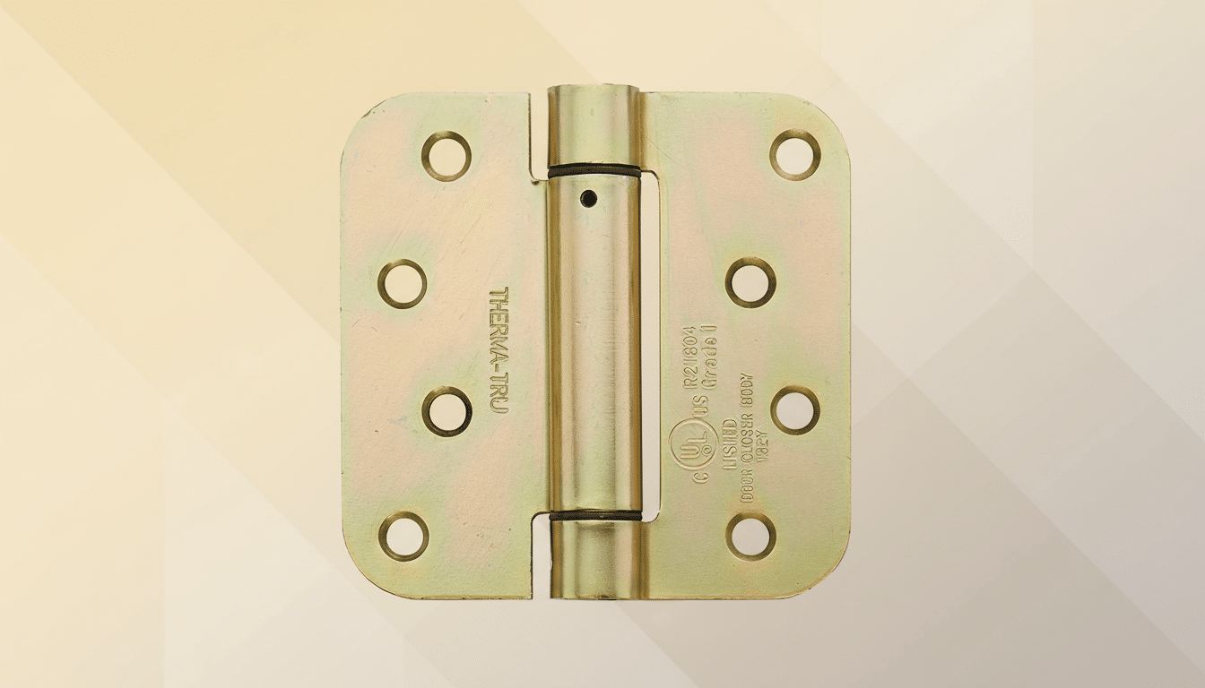 A gold-colored door hinge with THERMA-TRU and UL US R21804 Grade 1 LISTED DOOR CLOSER BODY 18EY text, presented on a professional flat design background with soft patterns and gradients.