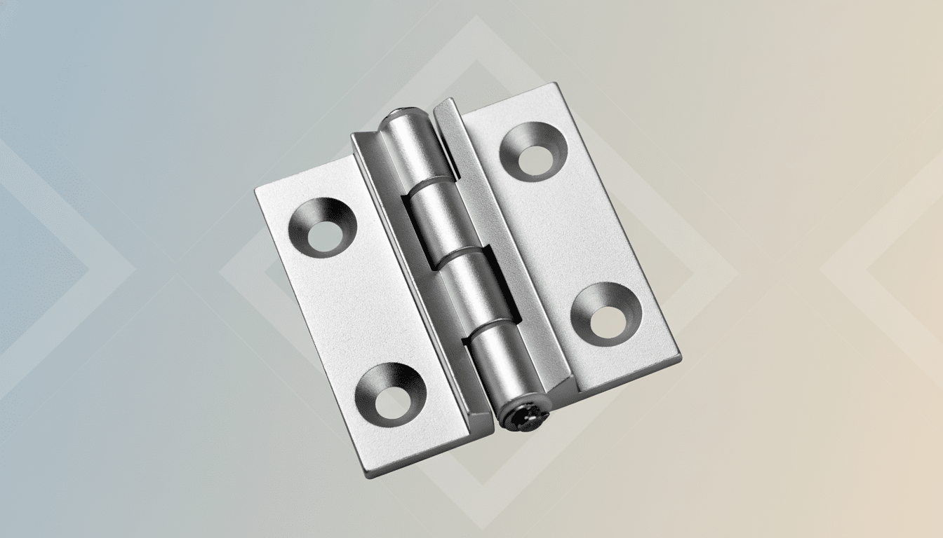 A silver metal hinge with four screw holes, presented on a professional flat design background with soft patterns and gradients.