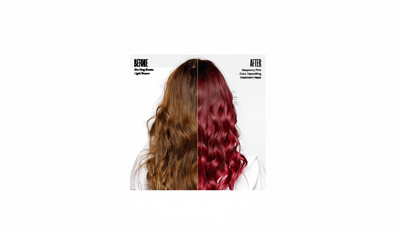A split image showing a persons hair before and after a color treatment. On the left, the hair is light brown, and on the right, it is raspberry pink. The image is set against a white background.