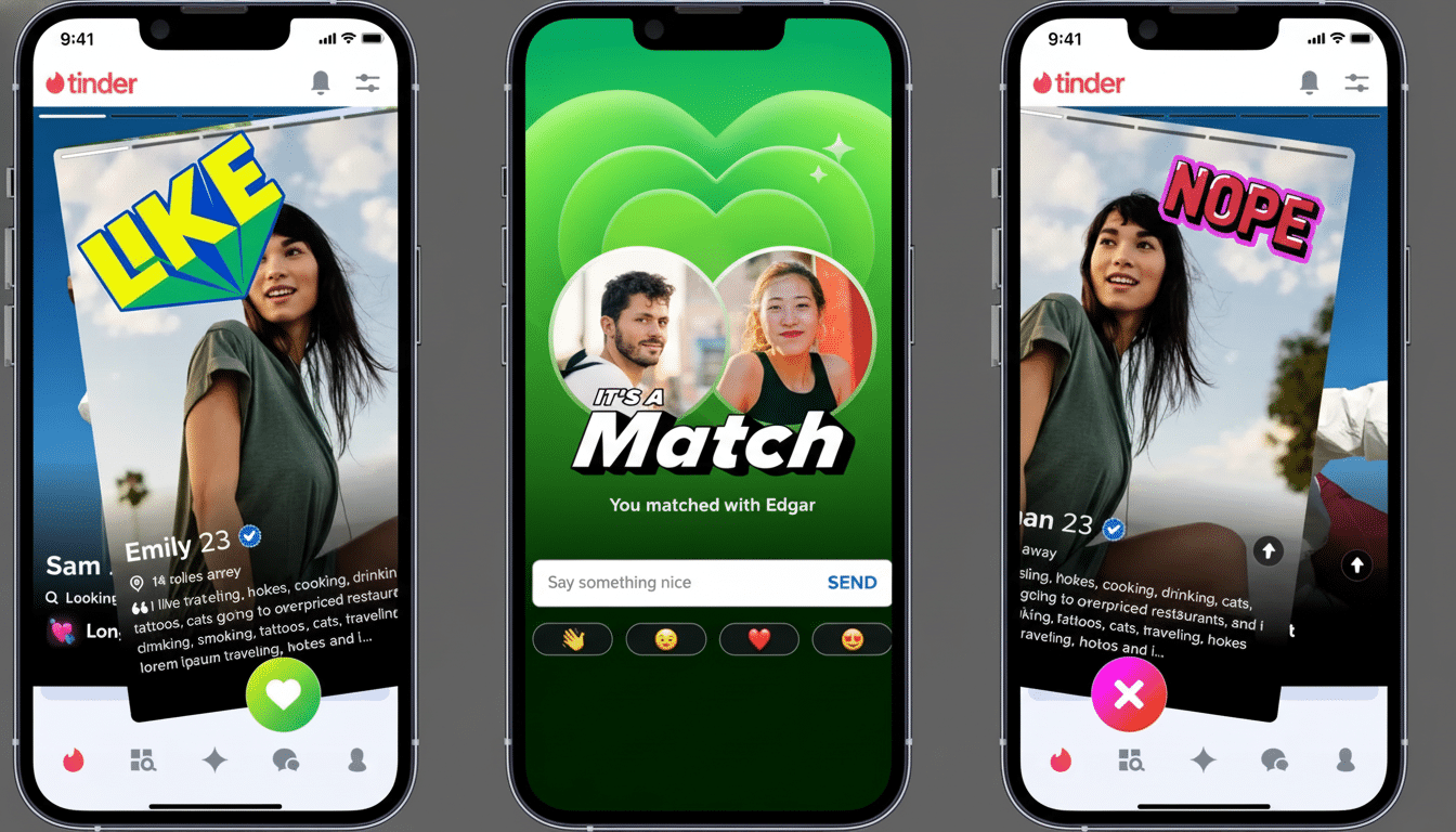 Three smartphone screens displaying the Tinder app interface. The left screen shows a profile with LIKE superimposed, the middle screen shows a Its a Match notification with two profile pictures, and the right screen shows a profile with NOPE superimposed.