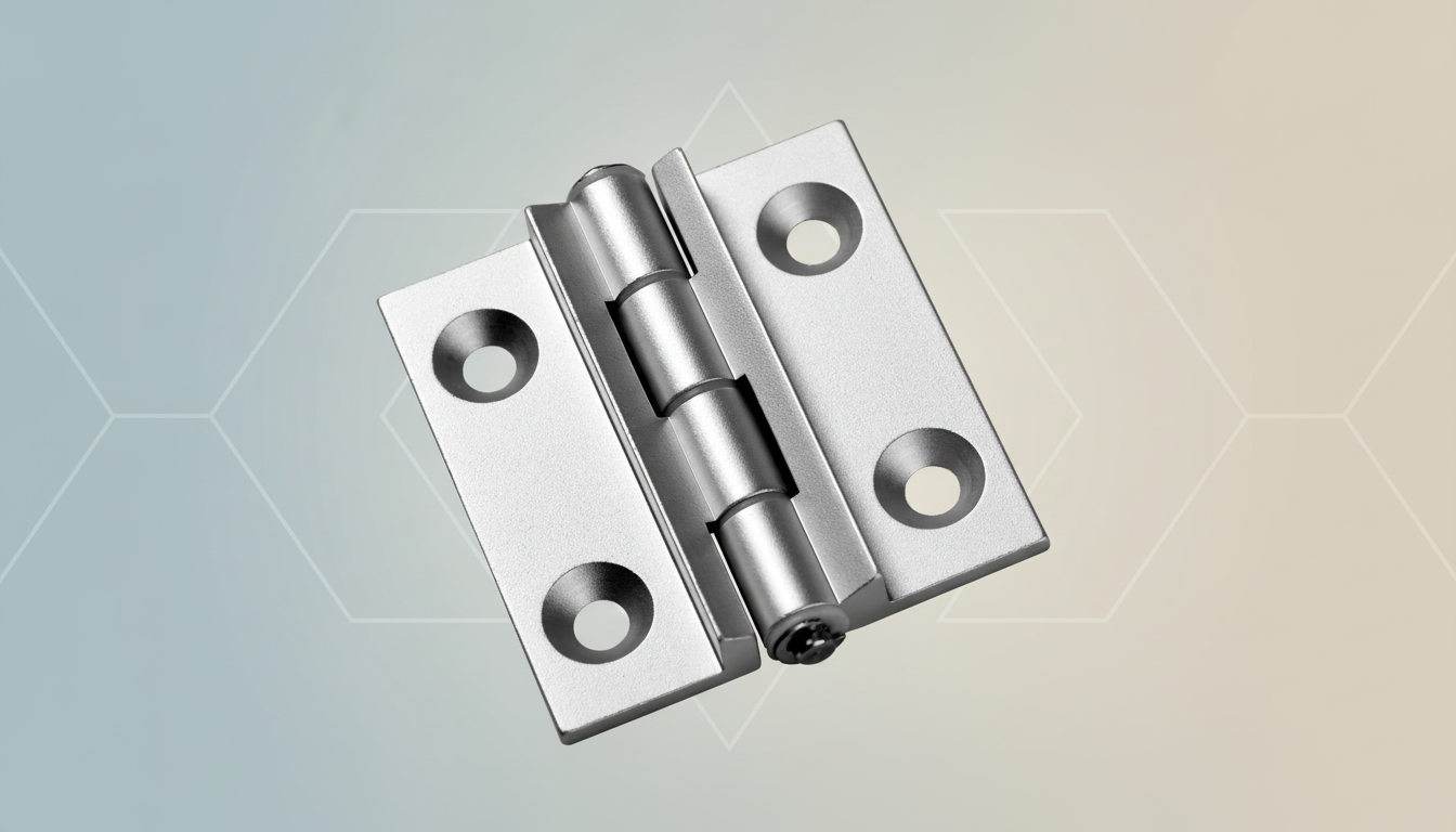 A silver metal hinge with four screw holes, set against a professional flat design background with soft patterns and a gradient.