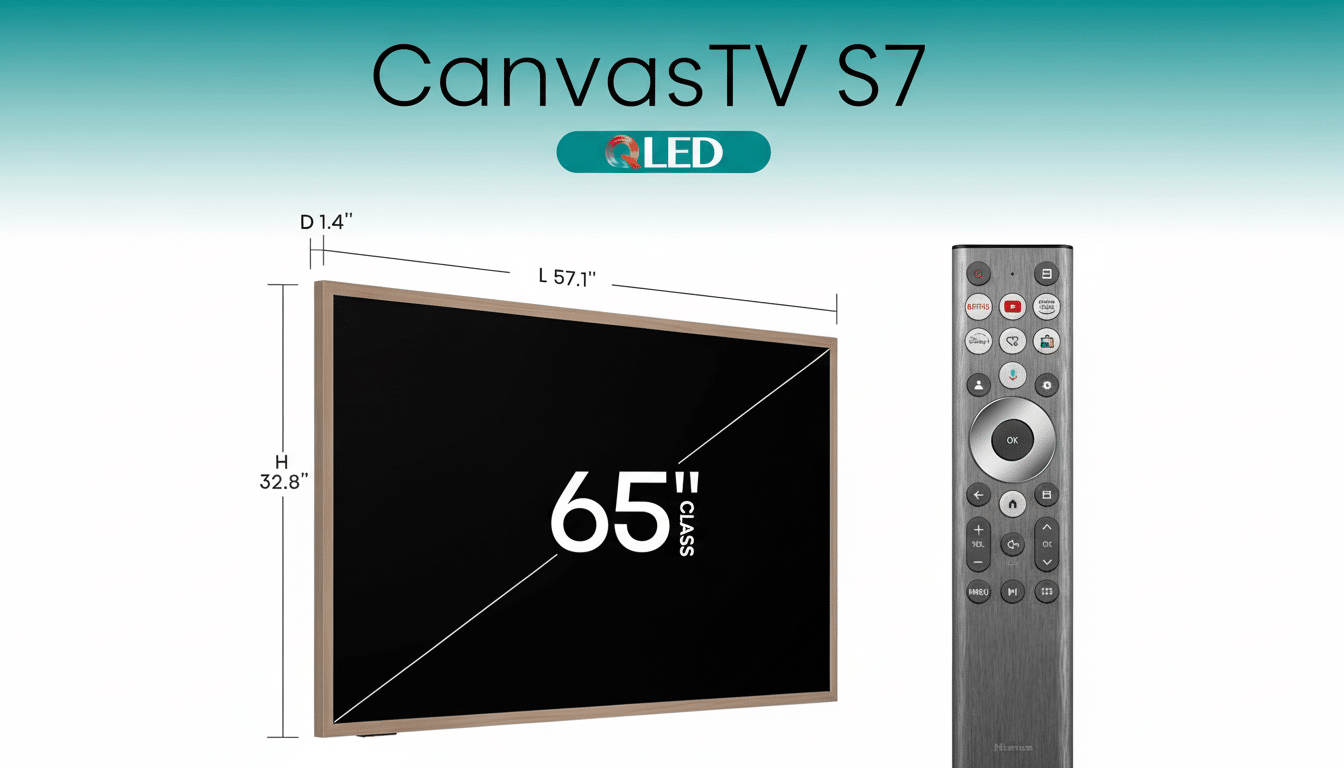 A 16:9 aspect ratio image of a CanvasTV S7 65-inch LED television with its dimensions and a remote control, set against a professional flat design background with a soft gradient.