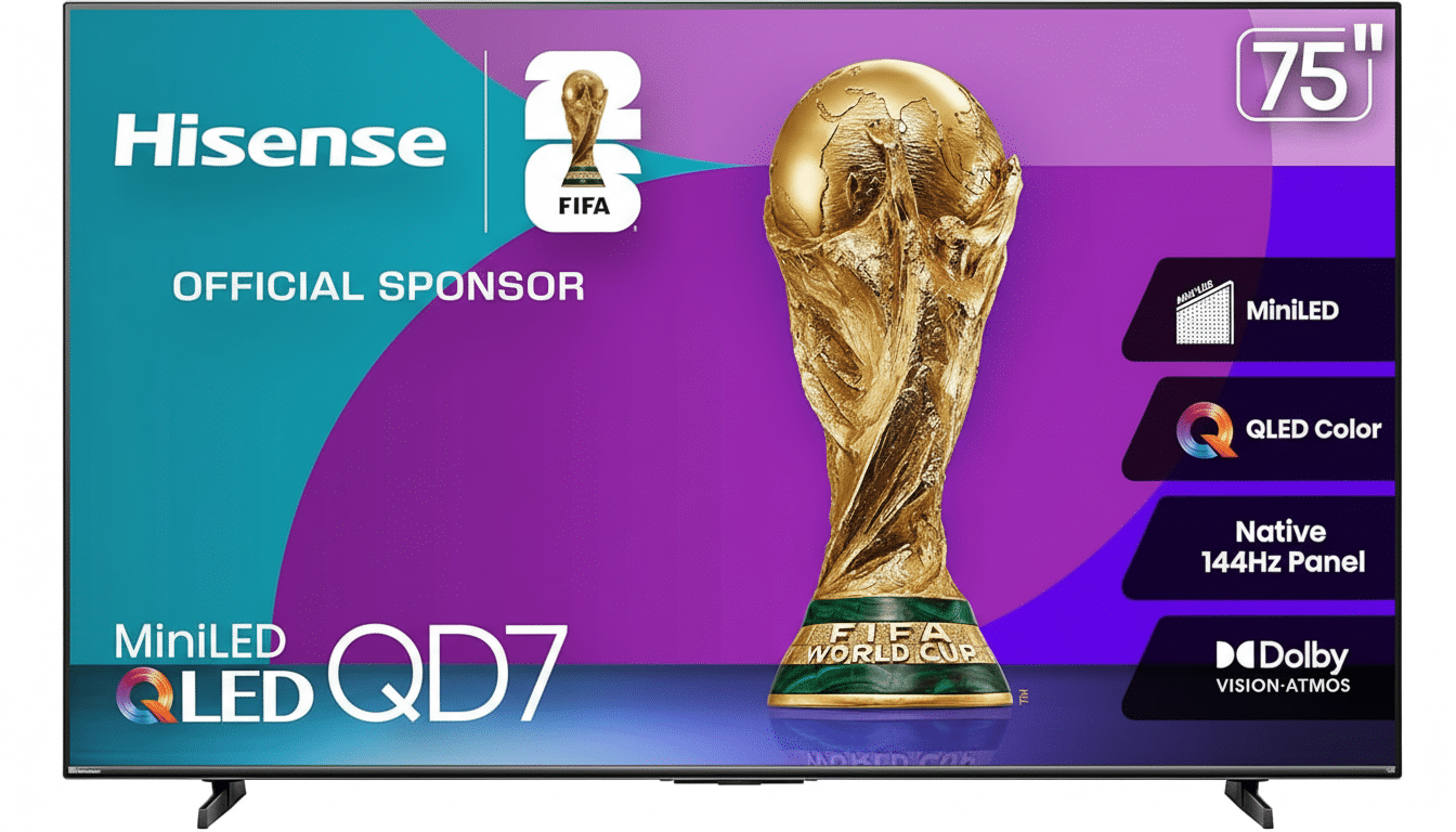 A 75-inch Hisense MiniLED QD7 television displaying the FIFA World Cup trophy on a purple and blue gradient background, with features like MiniLED, QLED Color, Native 144Hz Panel, and Dolby Vision-Atmos highlighted.