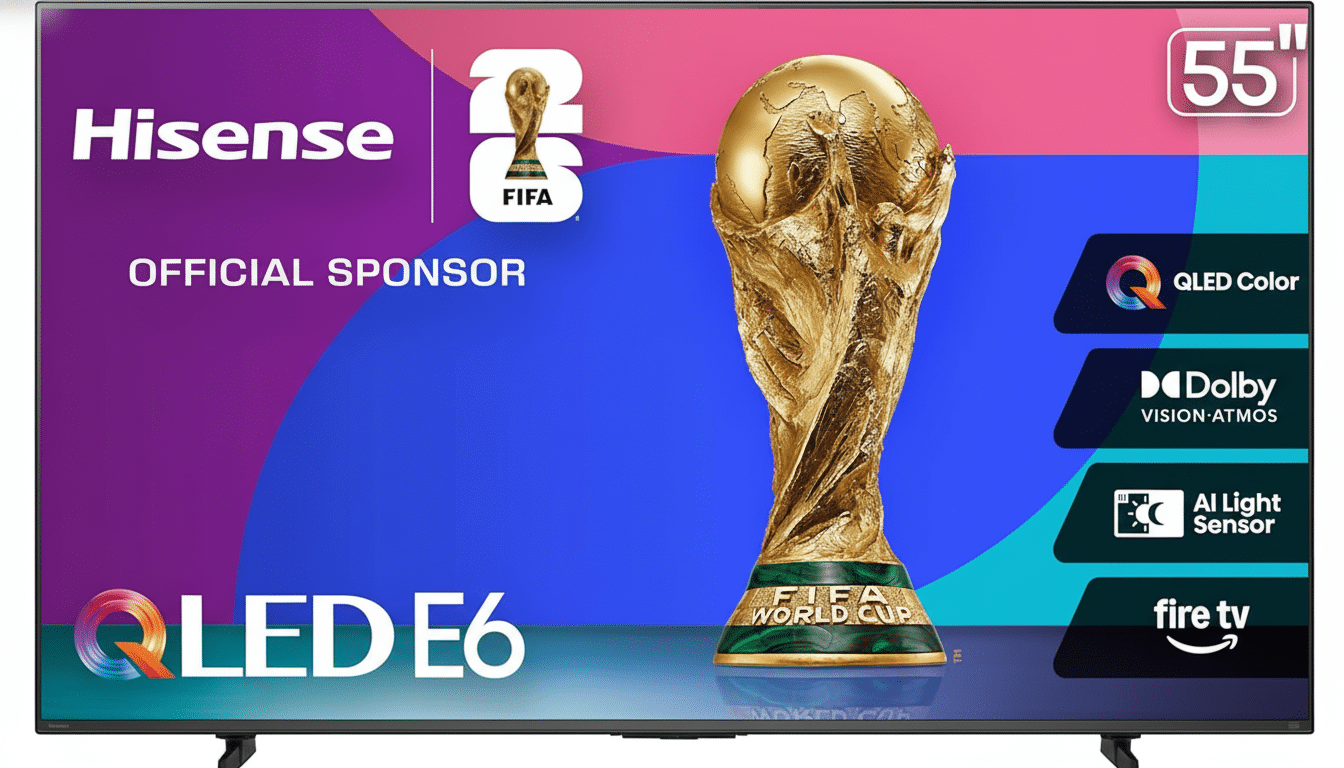 A Hisense 55-inch QLED E6 television displaying the FIFA World Cup trophy, with OFFICIAL SPONSOR text and various feature logos like QLED Color, Dolby Vision-Atmos, AI Light Sensor, and Fire TV.