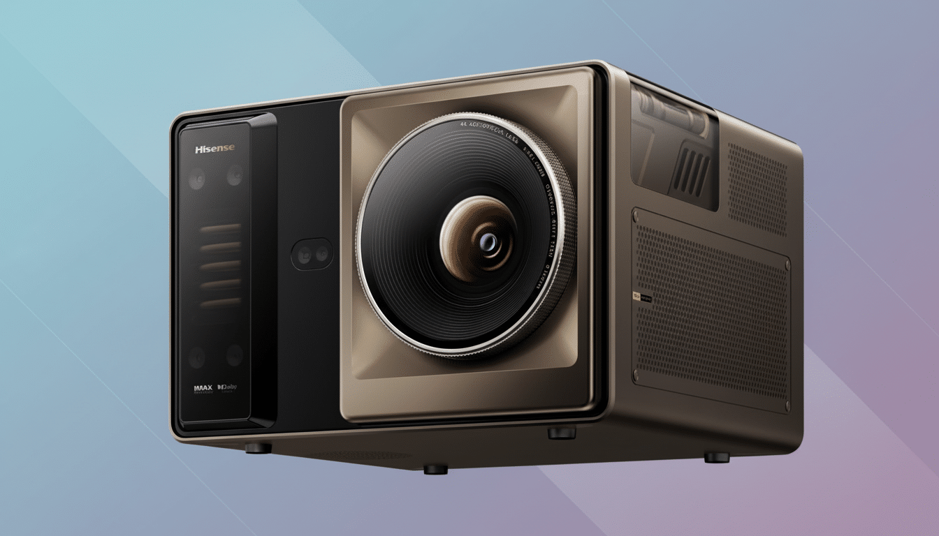 A Hisense projector with a large lens, presented on a professional flat design background with soft gradients.