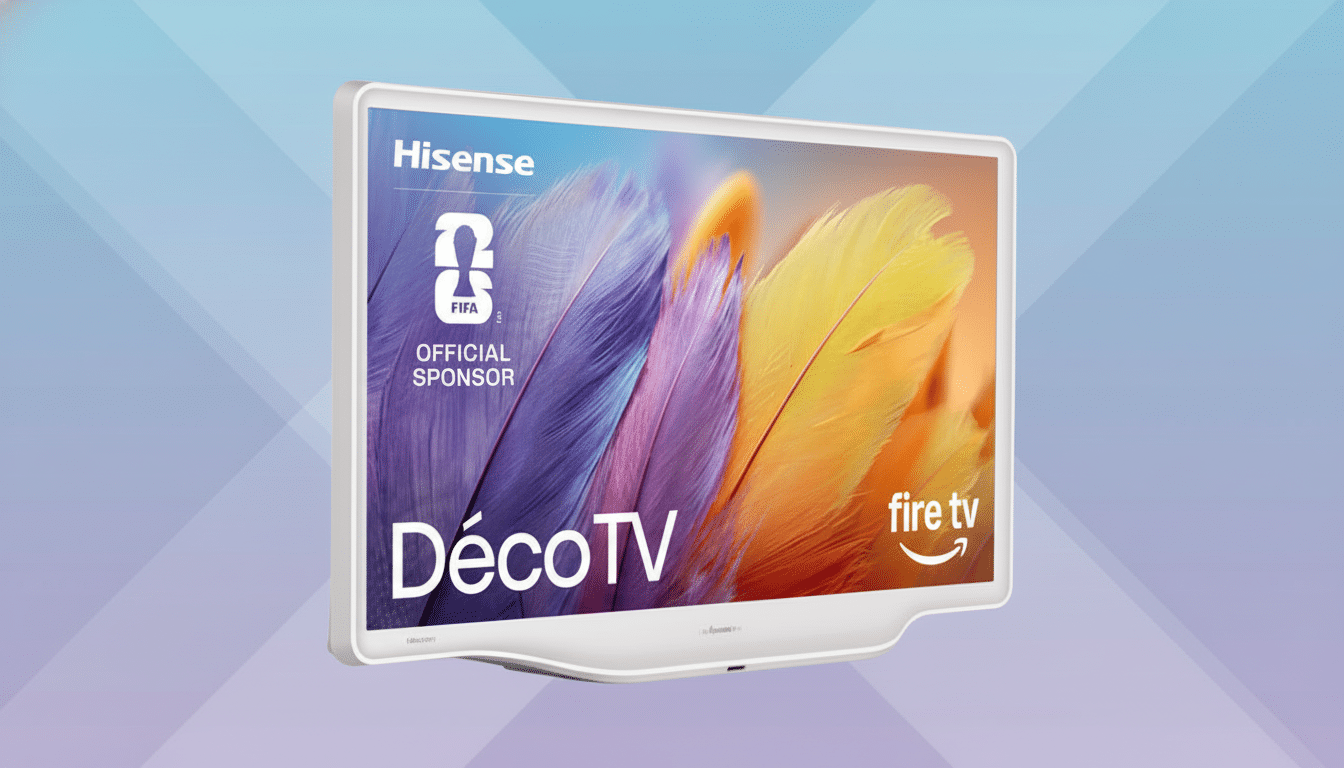 A white Hisense DécoTV with Fire TV branding, displaying colorful feathers on its screen, set against a professional flat design background with soft blue and purple gradients and subtle geometric patterns.