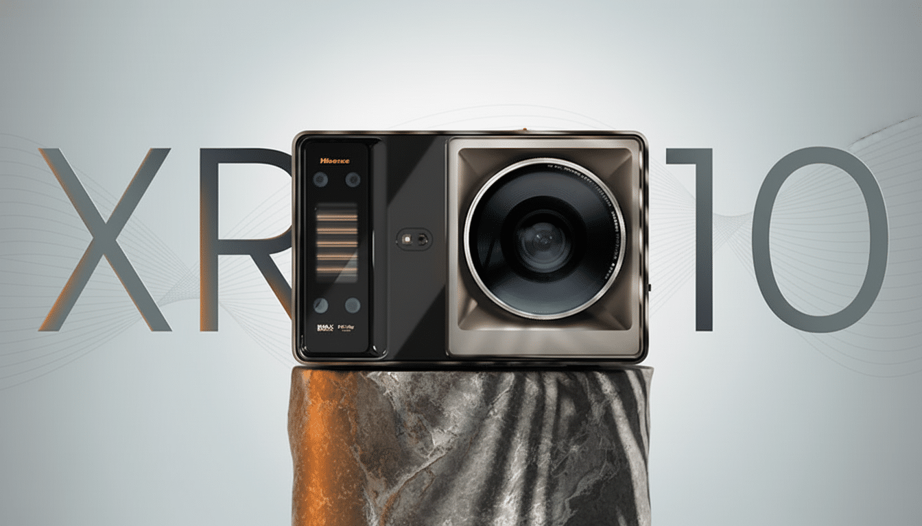 A Hisense XR10 camera with a large lens, sitting on a textured, metallic-looking pedestal. The background is a soft gradient from light grey to white, with subtle wave patterns. The letters XR10 are prominently displayed in large, grey font on either side of the camera.