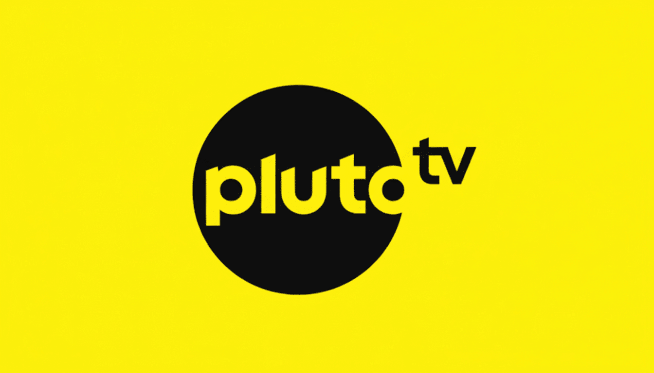 The Pluto TV logo, featuring pluto in yellow text within a black circle, and tv in black text to the right, all on a bright yellow background, resized to a 16:9 aspect ratio.