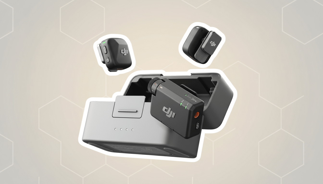 A professional flat design image of the DJI Mic wireless microphone system, featuring the charging case and two microphone transmitters, set against a soft patterned background.